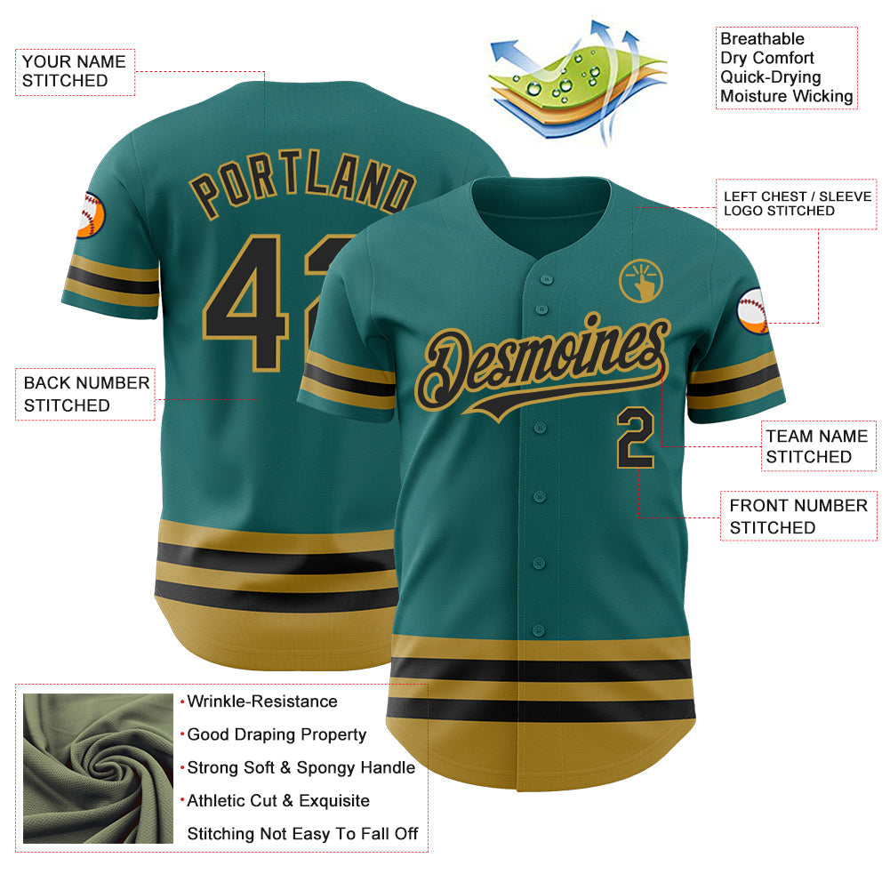 Custom Teal Black-Old Gold Line Authentic Baseball Jersey view 3