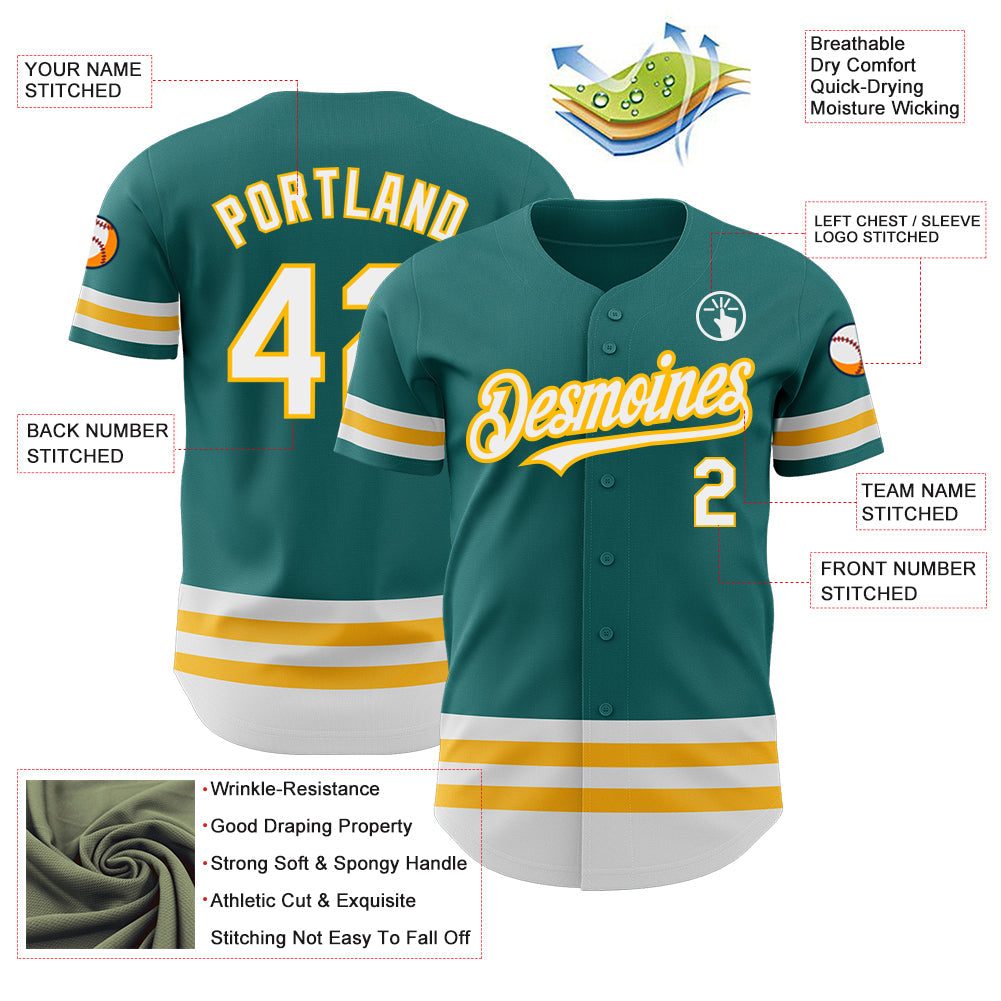 Custom Teal White-Gold Line Authentic Baseball Jersey view 3
