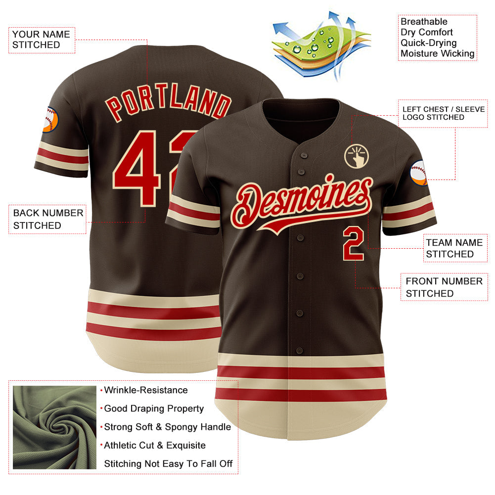 Custom Brown Red-Cream Line Authentic Baseball Jersey view 3