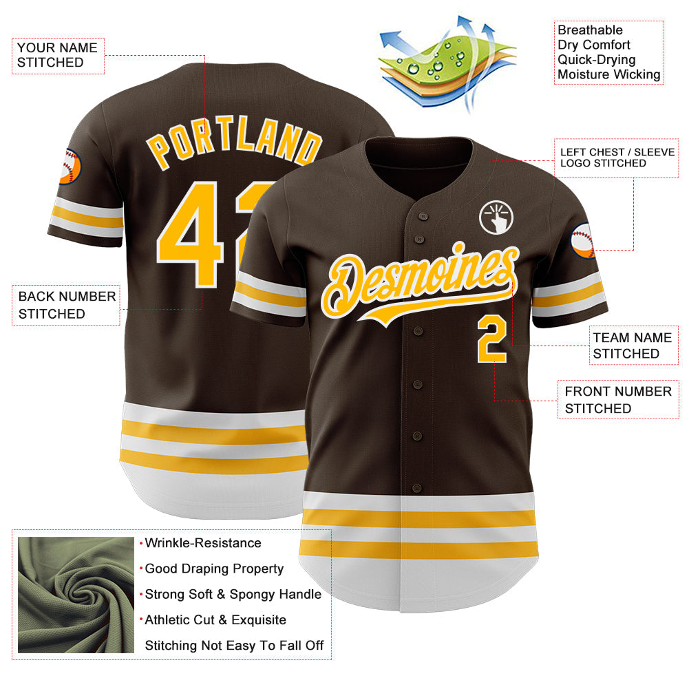 Custom Brown Gold-White Line Authentic Baseball Jersey view 3