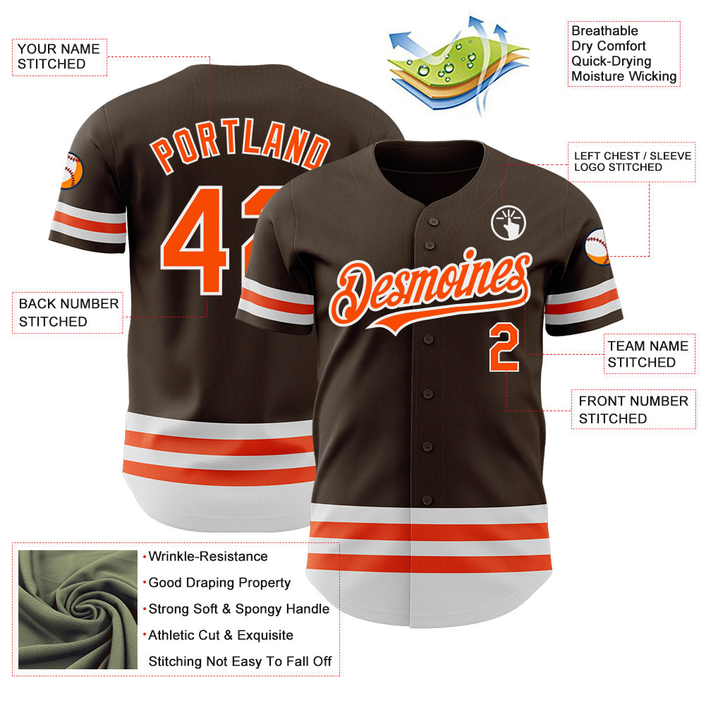 Custom Brown Orange-White Line Authentic Baseball Jersey view 3