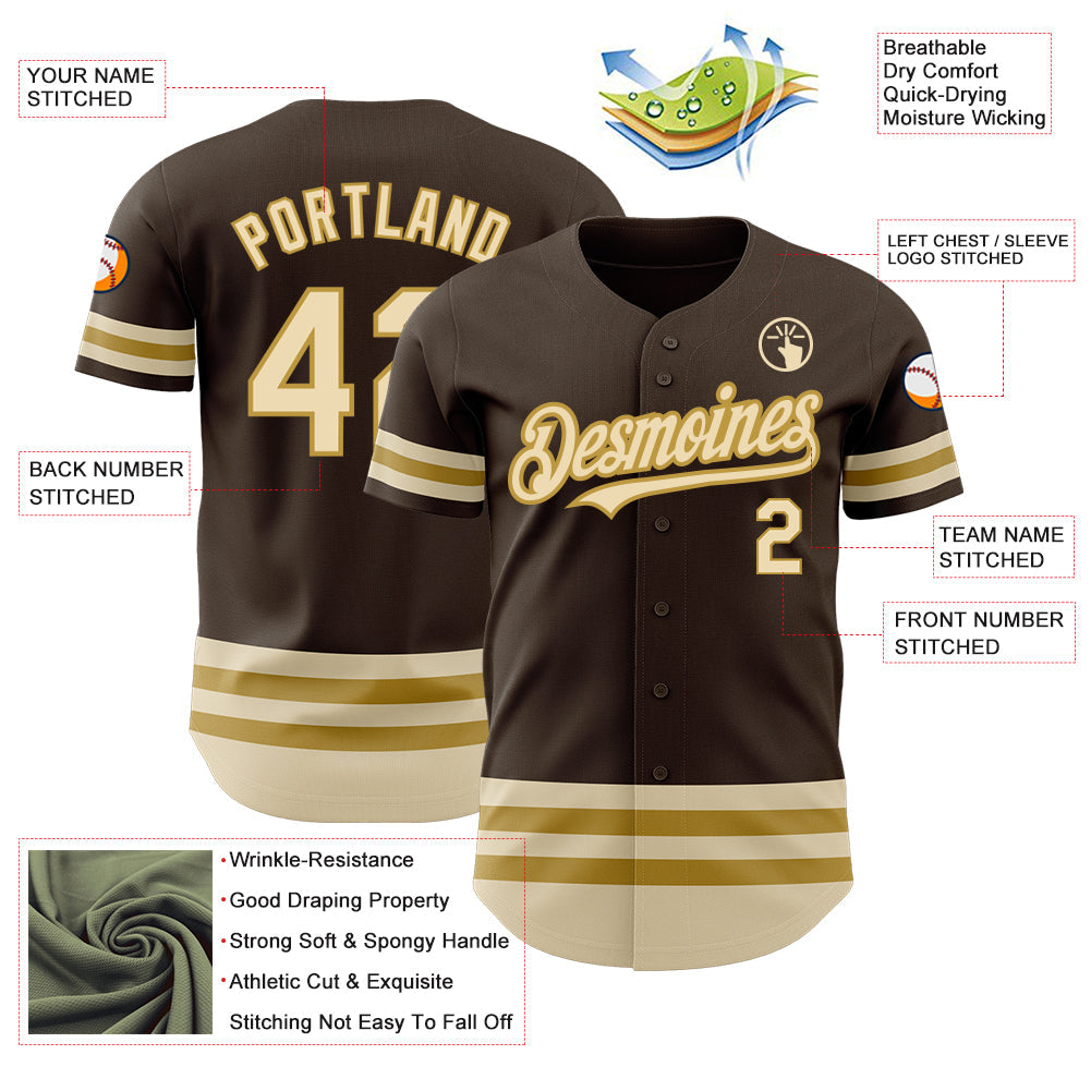 Custom Brown Cream-Old Gold Line Authentic Baseball Jersey view 3