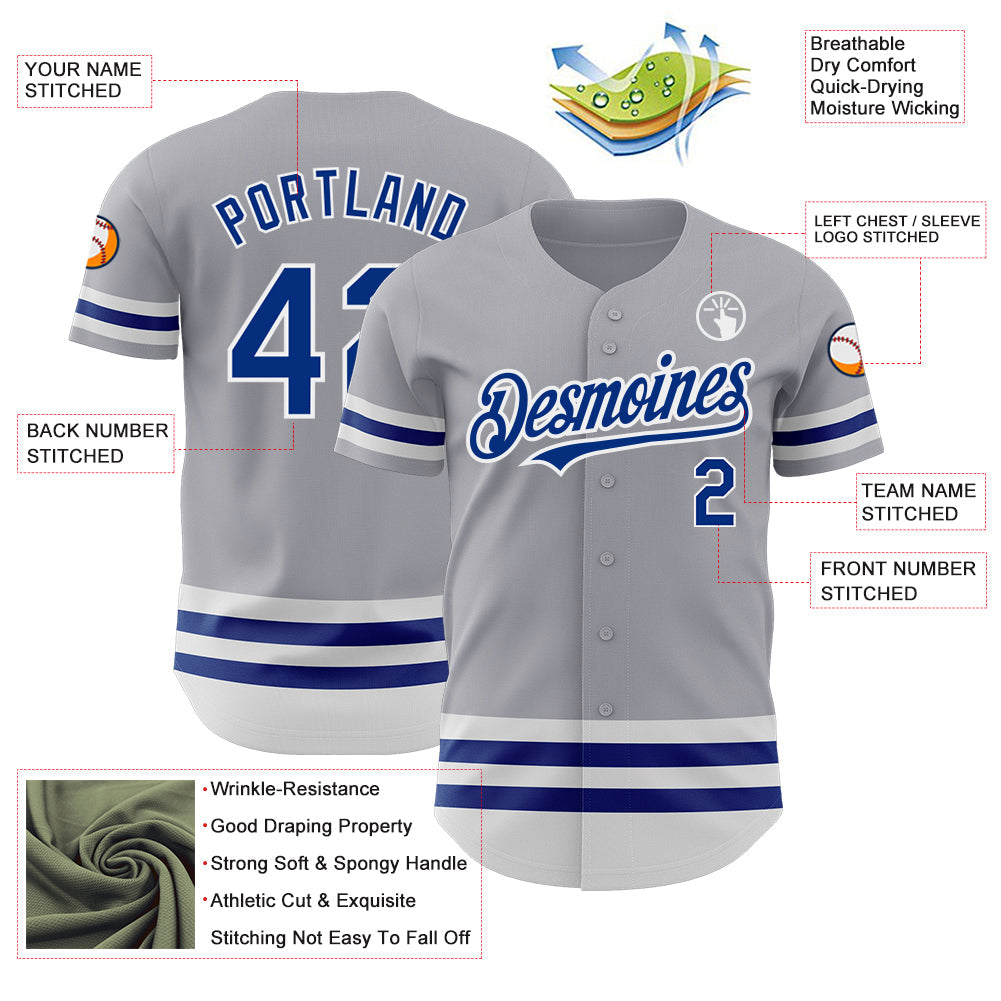 Custom Gray Royal-White Line Authentic Baseball Jersey view 3