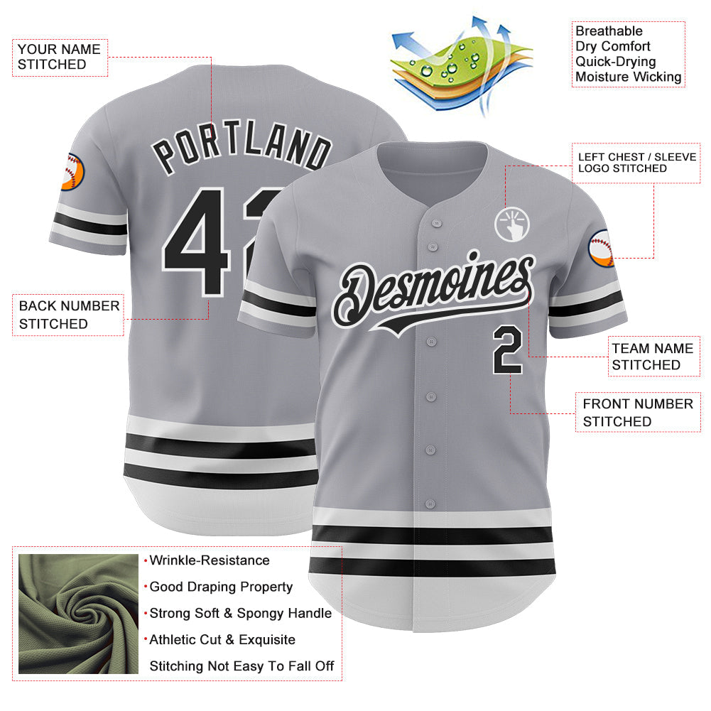 Custom Gray Black-White Line Authentic Baseball Jersey view 3