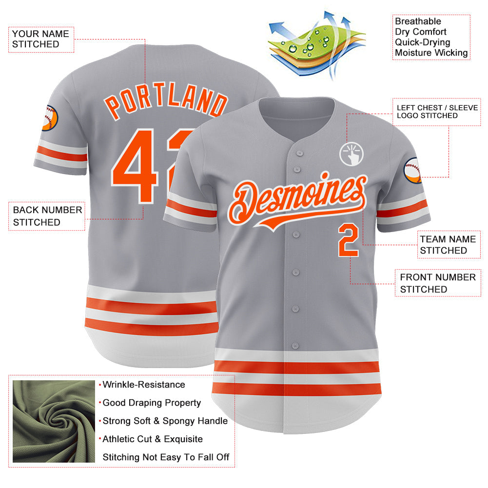 Custom Gray Orange-White Line Authentic Baseball Jersey view 3