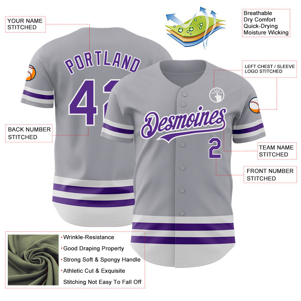 Custom Gray Purple-White Line Authentic Baseball Jersey view 3