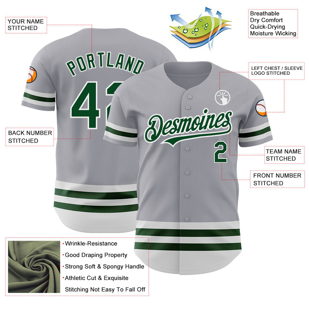 Custom Gray Green-White Line Authentic Baseball Jersey view 3