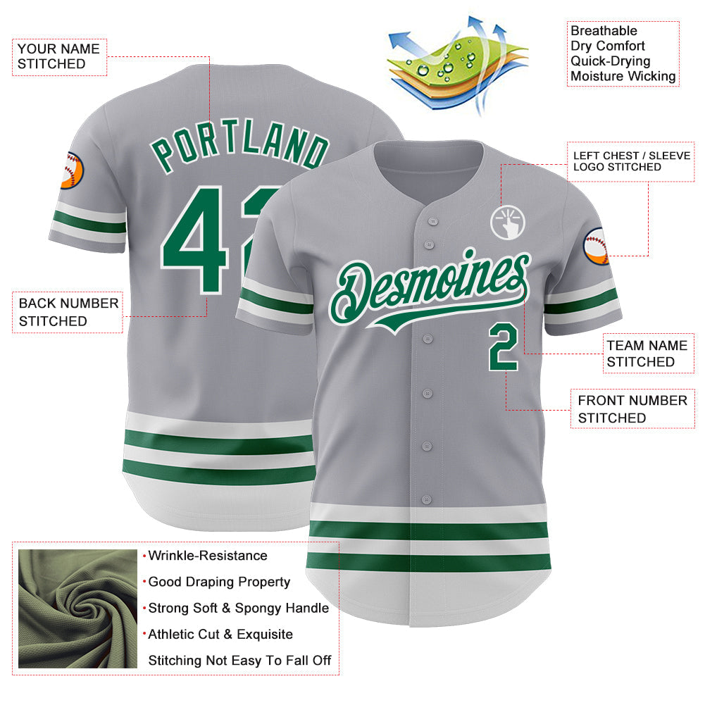 Custom Gray Kelly Green-White Line Authentic Baseball Jersey view 3