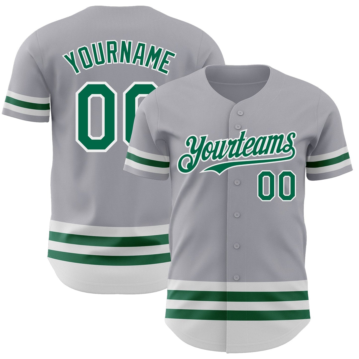 Custom Gray Kelly Green-White Line Authentic Baseball Jersey - Main View