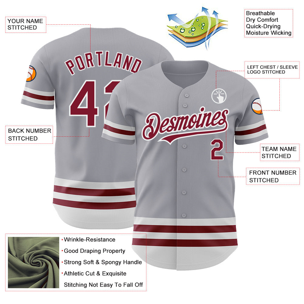 Custom Gray Crimson-White Line Authentic Baseball Jersey view 3