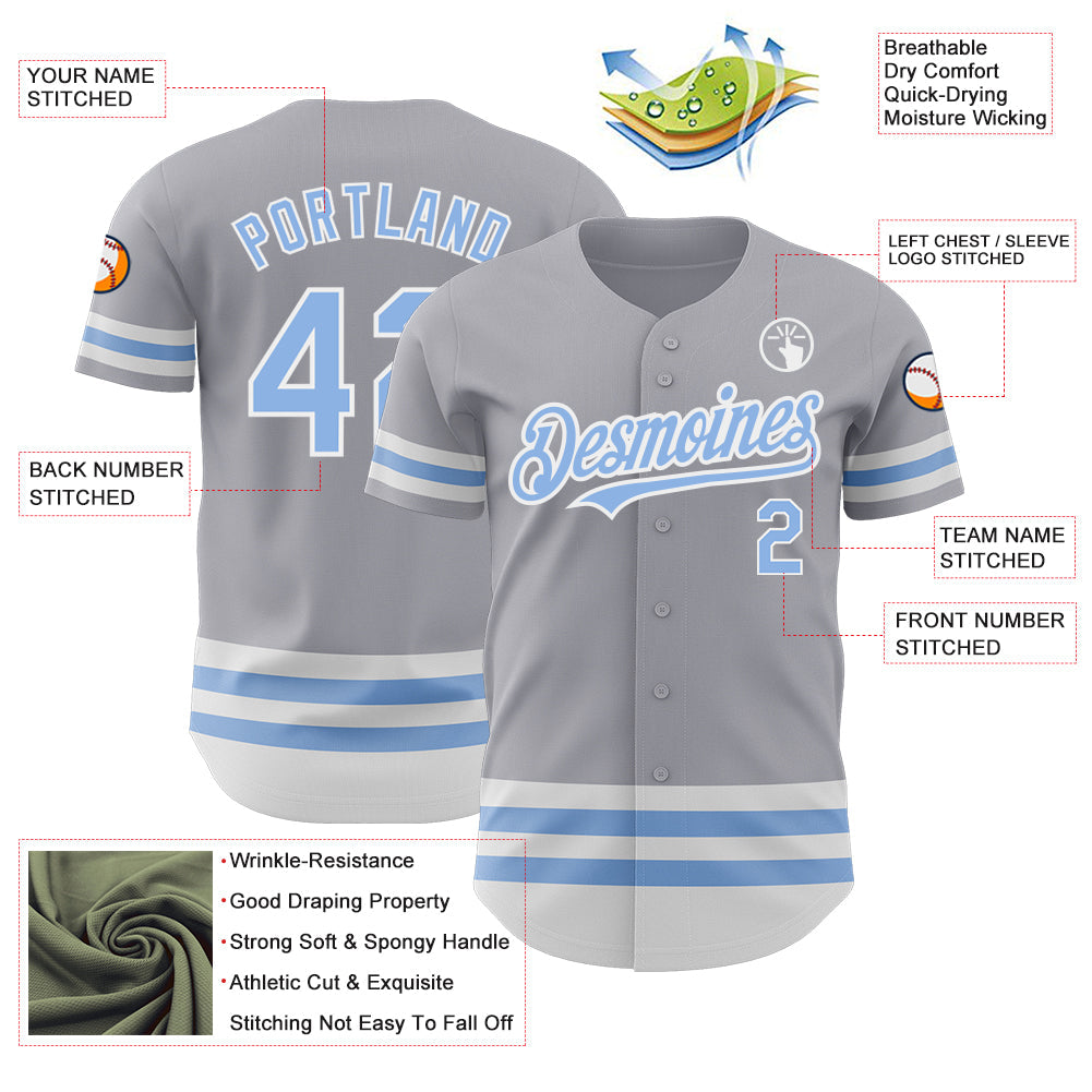 Custom Gray Light Blue-White Line Authentic Baseball Jersey view 3