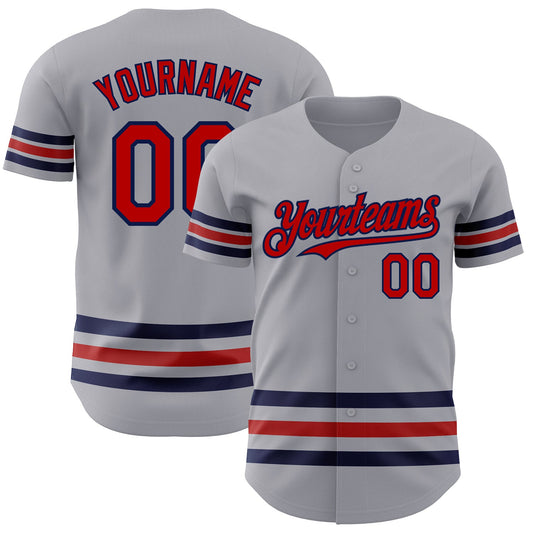 Custom Gray Red-Navy Line Authentic Baseball Jersey - Main View