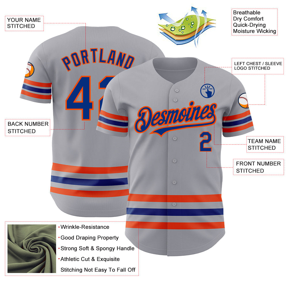 Custom Gray Royal-Orange Line Authentic Baseball Jersey view 3