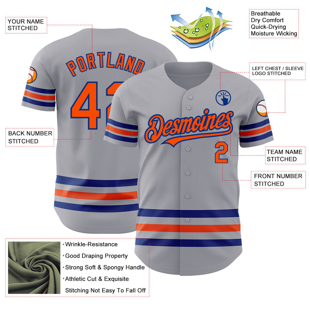 Custom Gray Orange-Royal Line Authentic Baseball Jersey view 3
