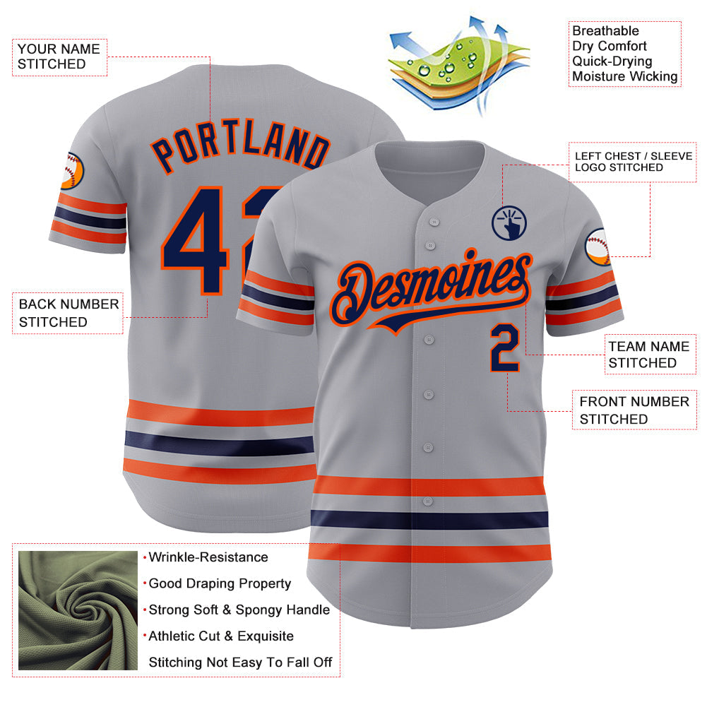 Custom Gray Navy-Orange Line Authentic Baseball Jersey view 3