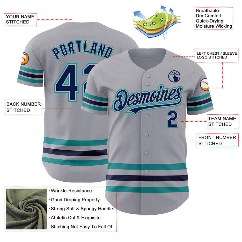 Custom Gray Navy Gray-Teal Line Authentic Baseball Jersey view 3