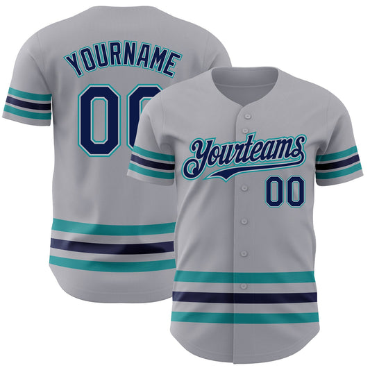 Custom Gray Navy Gray-Teal Line Authentic Baseball Jersey - Main View
