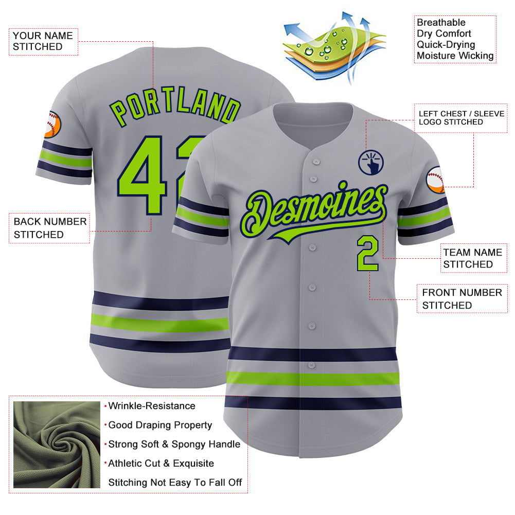 Custom Gray Neon Green-Navy Line Authentic Baseball Jersey view 3