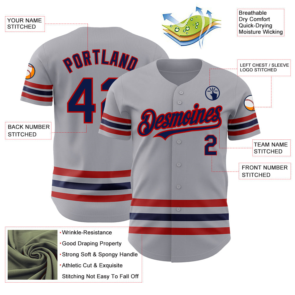 Custom Gray Navy-Red Line Authentic Baseball Jersey view 3
