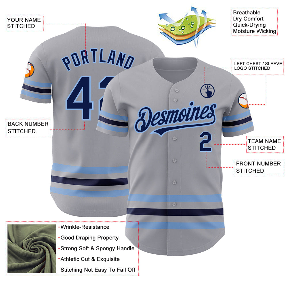 Custom Gray Navy-Light Blue Line Authentic Baseball Jersey view 3