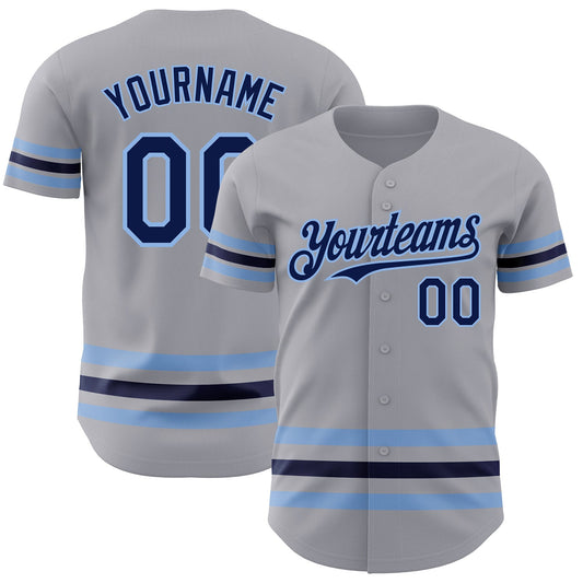 Custom Gray Navy-Light Blue Line Authentic Baseball Jersey - Main View