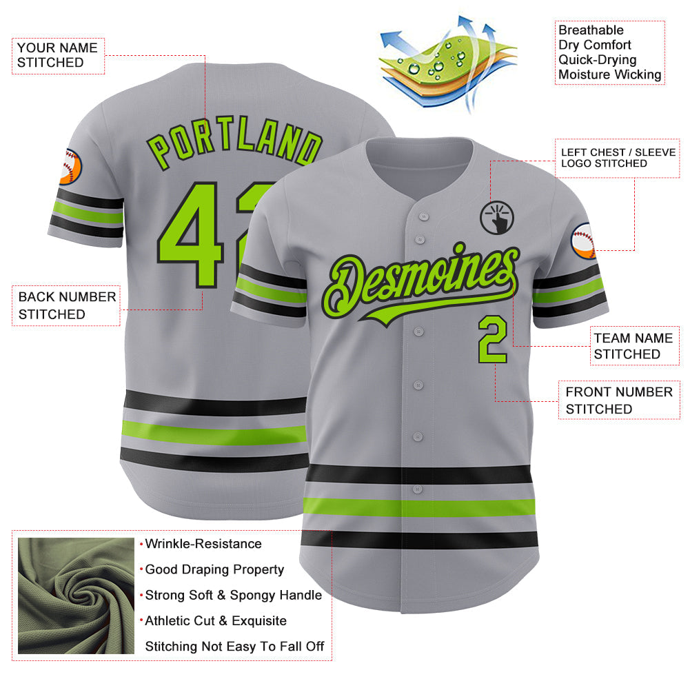 Custom Gray Neon Green-Black Line Authentic Baseball Jersey view 3