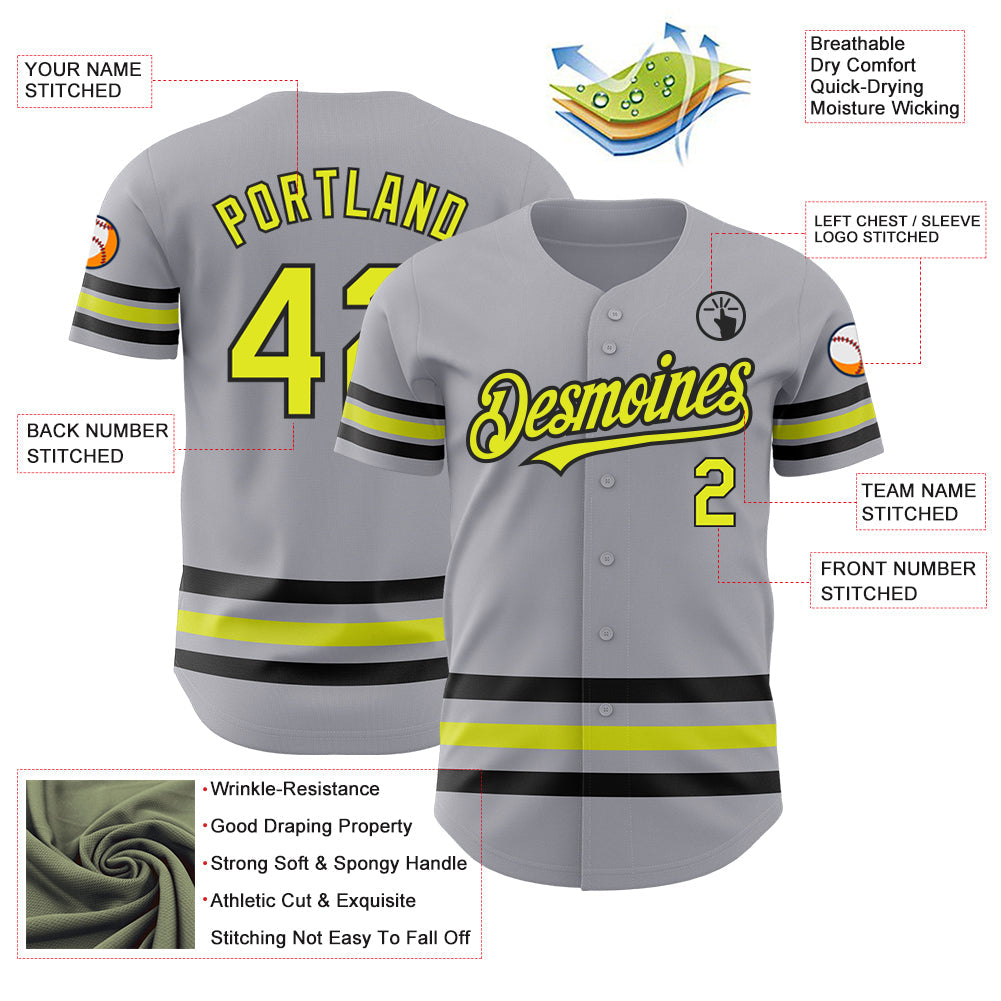 Custom Gray Neon Yellow-Black Line Authentic Baseball Jersey view 3