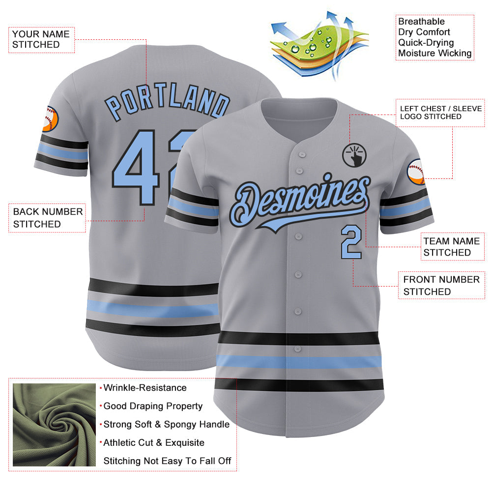 Custom Gray Light Blue-Black Line Authentic Baseball Jersey view 3