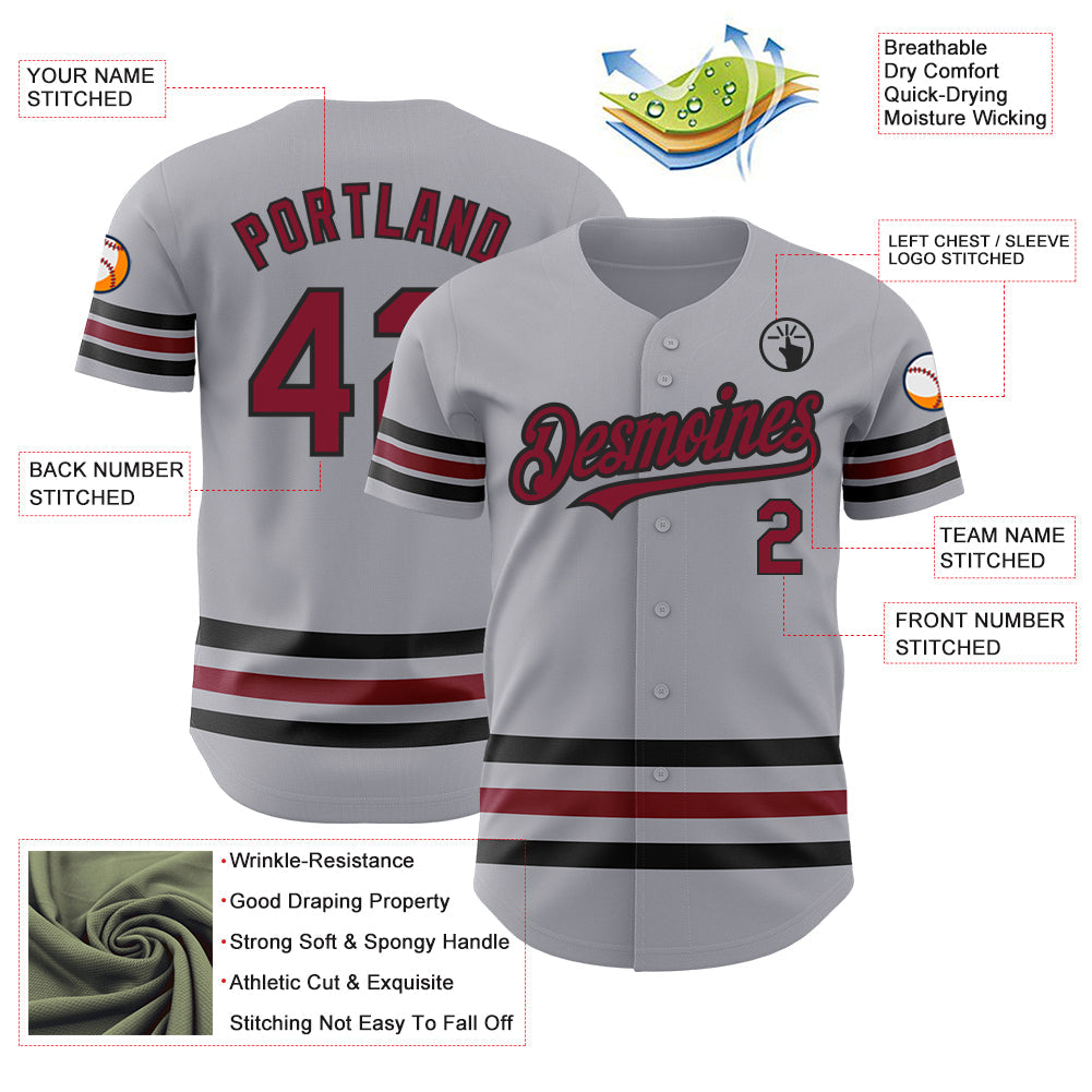 Custom Gray Crimson-Black Line Authentic Baseball Jersey view 3