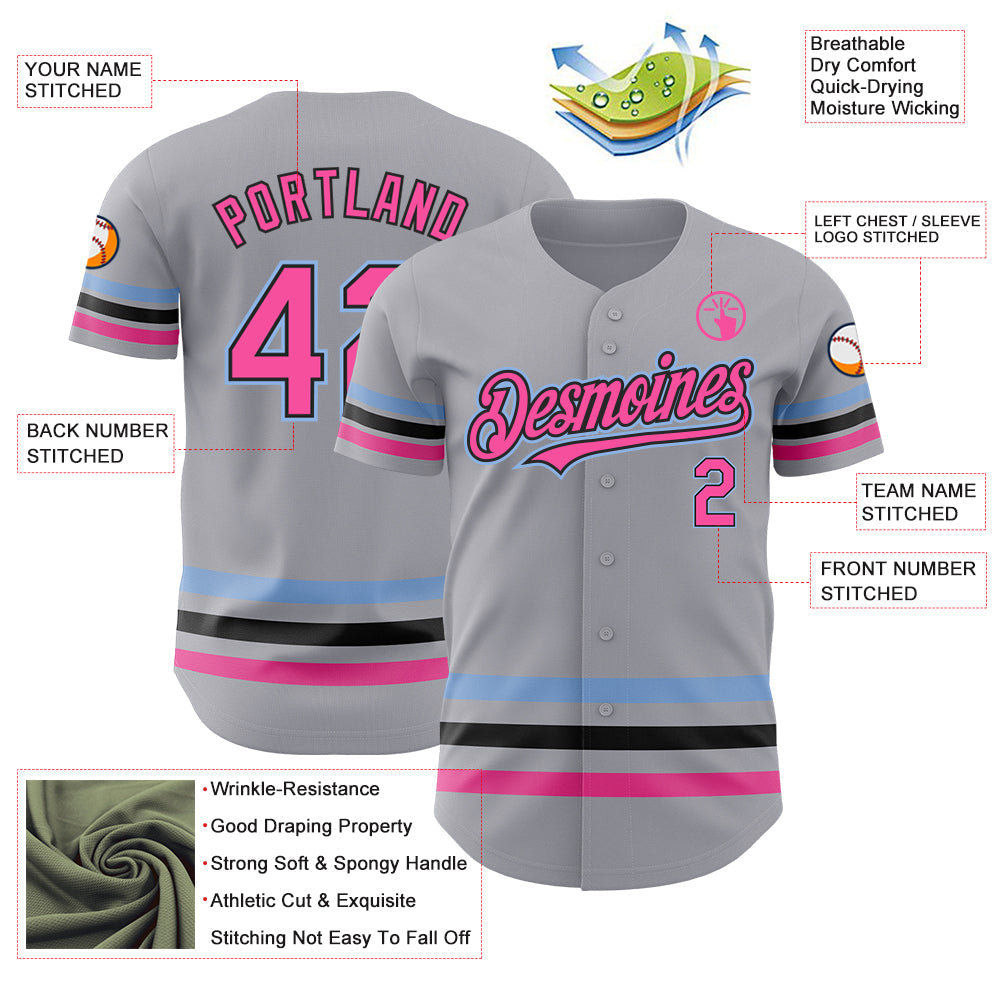 Custom Gray Pink Black-Light Blue Line Authentic Baseball Jersey view 3