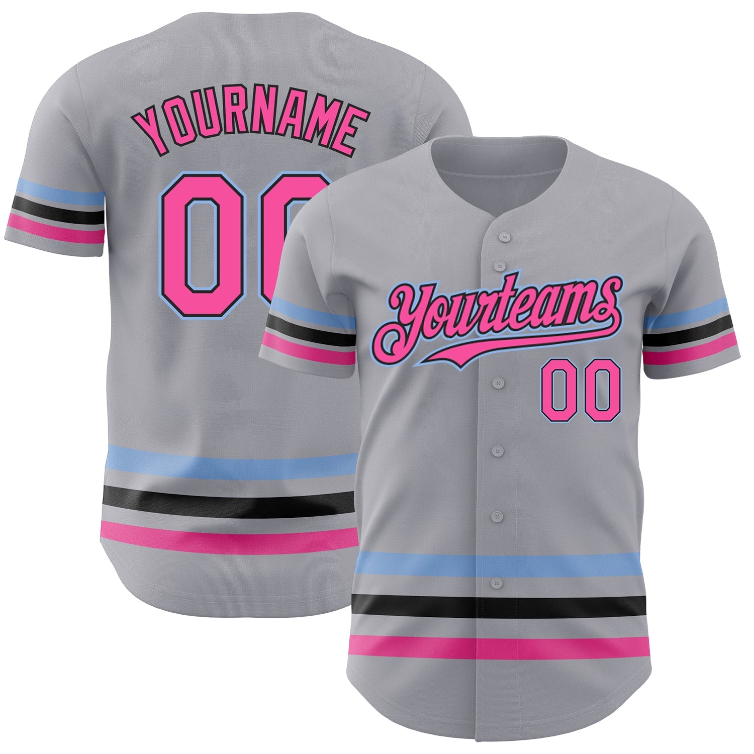 Custom Gray Pink Black-Light Blue Line Authentic Baseball Jersey - Main View
