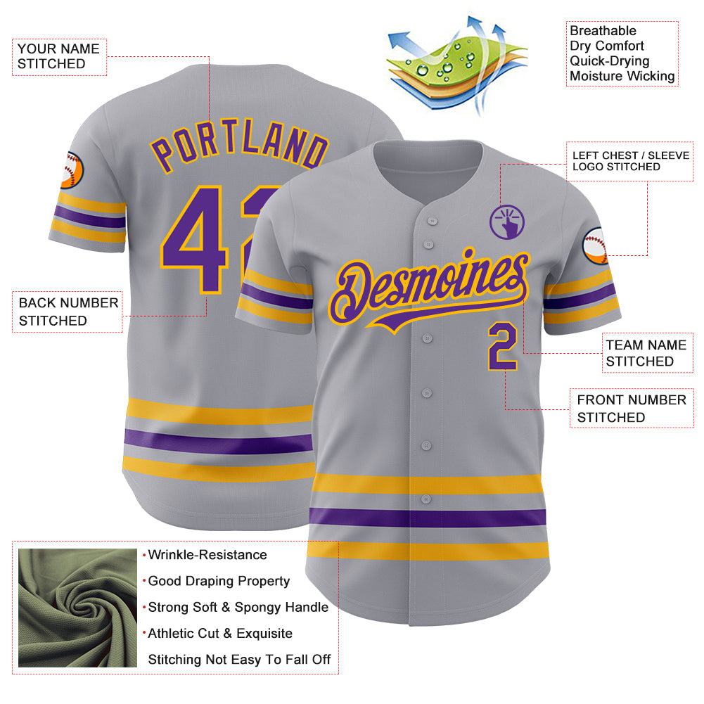 Custom Gray Purple-Gold Line Authentic Baseball Jersey view 3