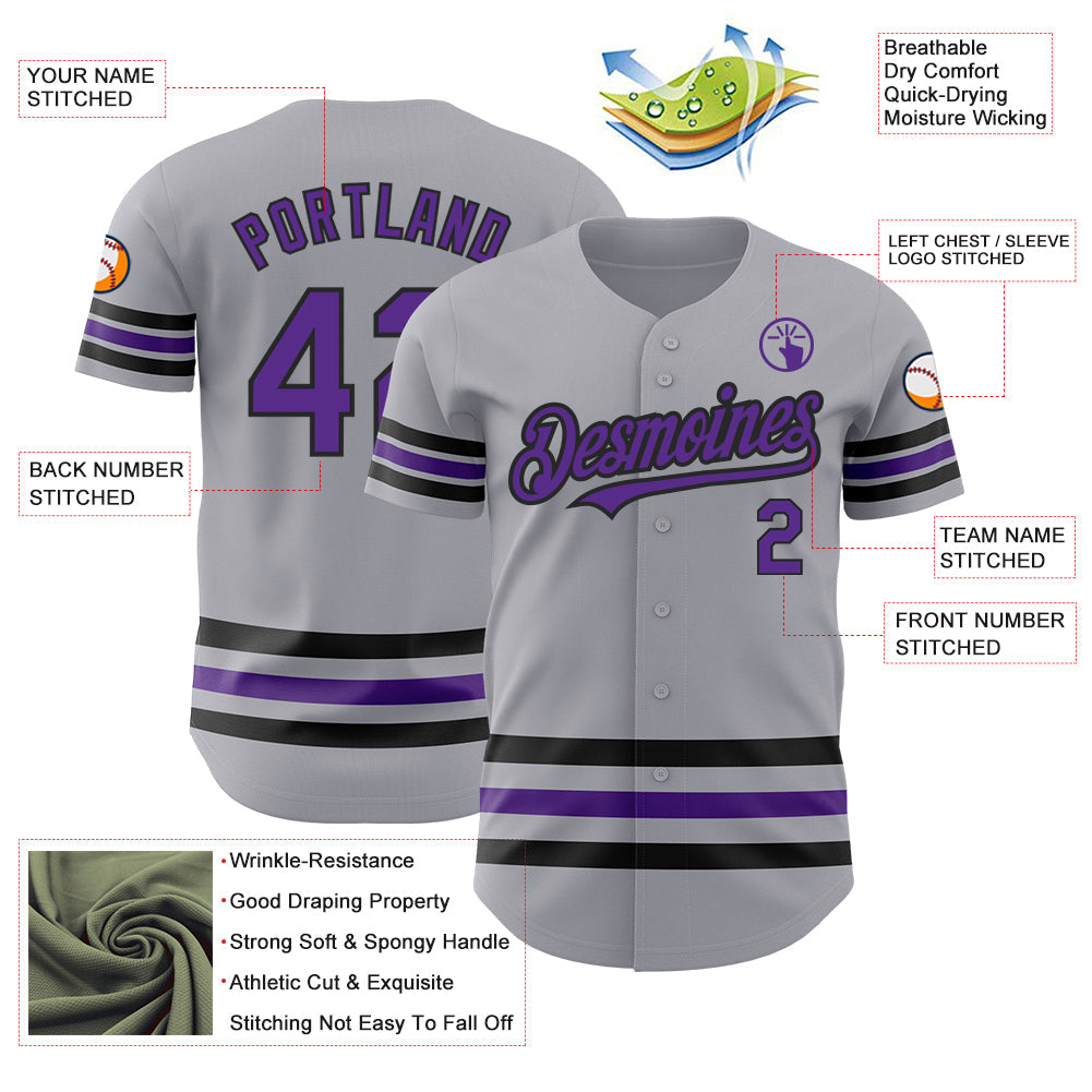 Custom Gray Purple-Black Line Authentic Baseball Jersey view 3