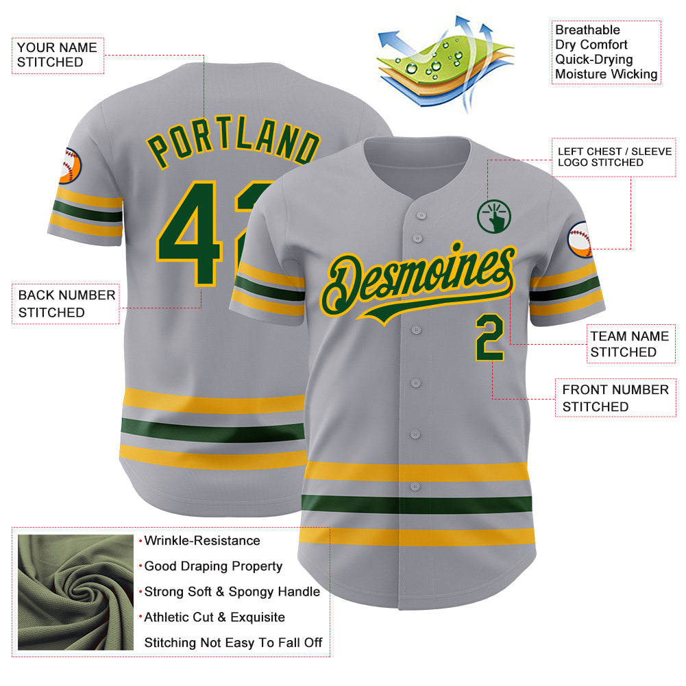 Custom Gray Green-Gold Line Authentic Baseball Jersey view 3