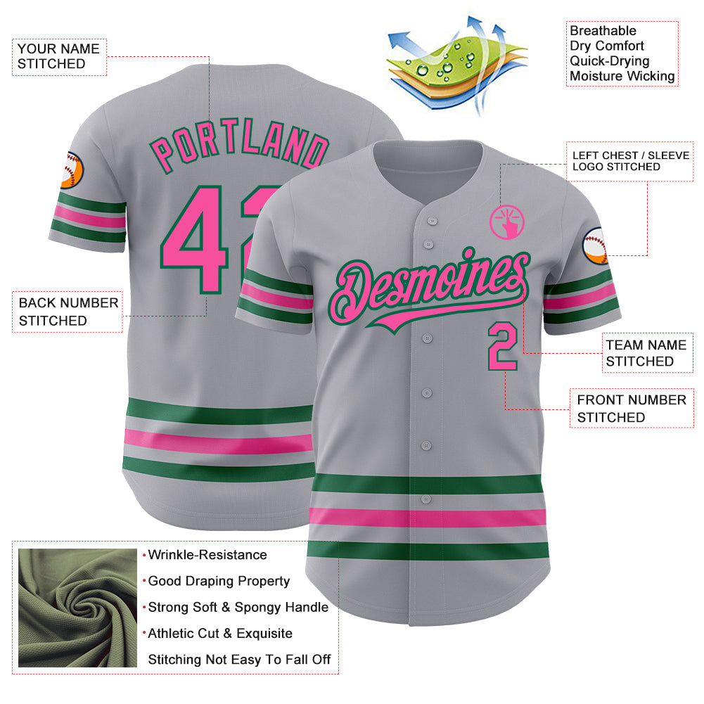 Custom Gray Pink-Kelly Green Line Authentic Baseball Jersey view 3