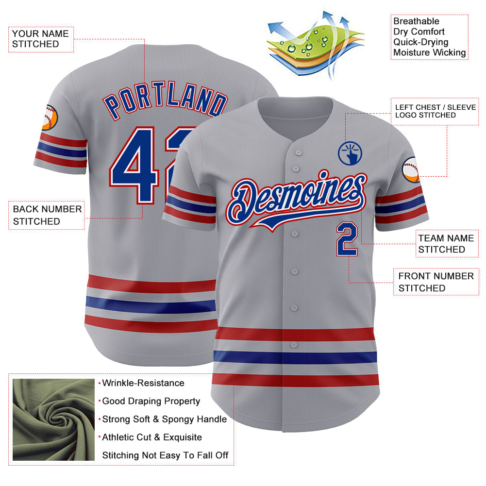 Custom Gray Royal-Red Line Authentic Baseball Jersey view 3