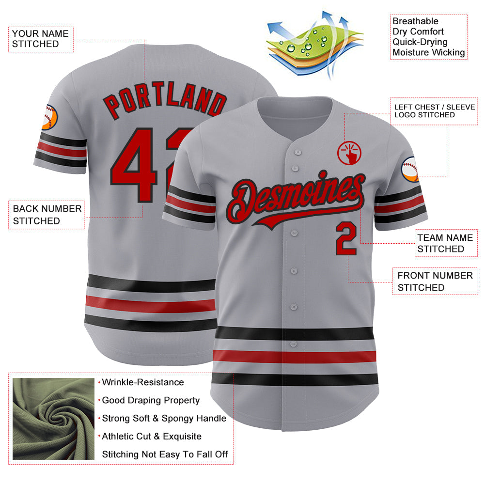 Custom Gray Red-Black Line Authentic Baseball Jersey view 3
