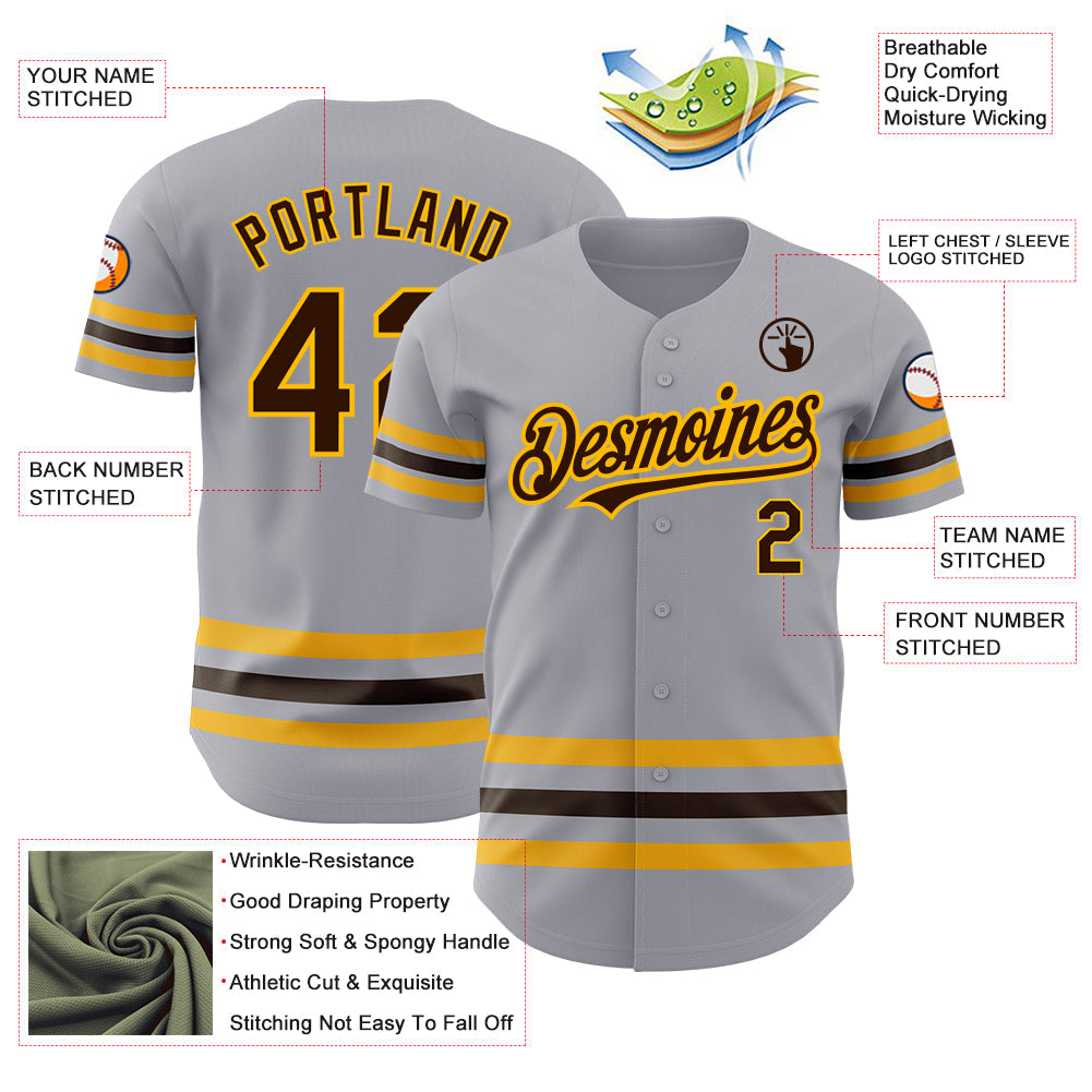 Custom Gray Brown-Gold Line Authentic Baseball Jersey view 3