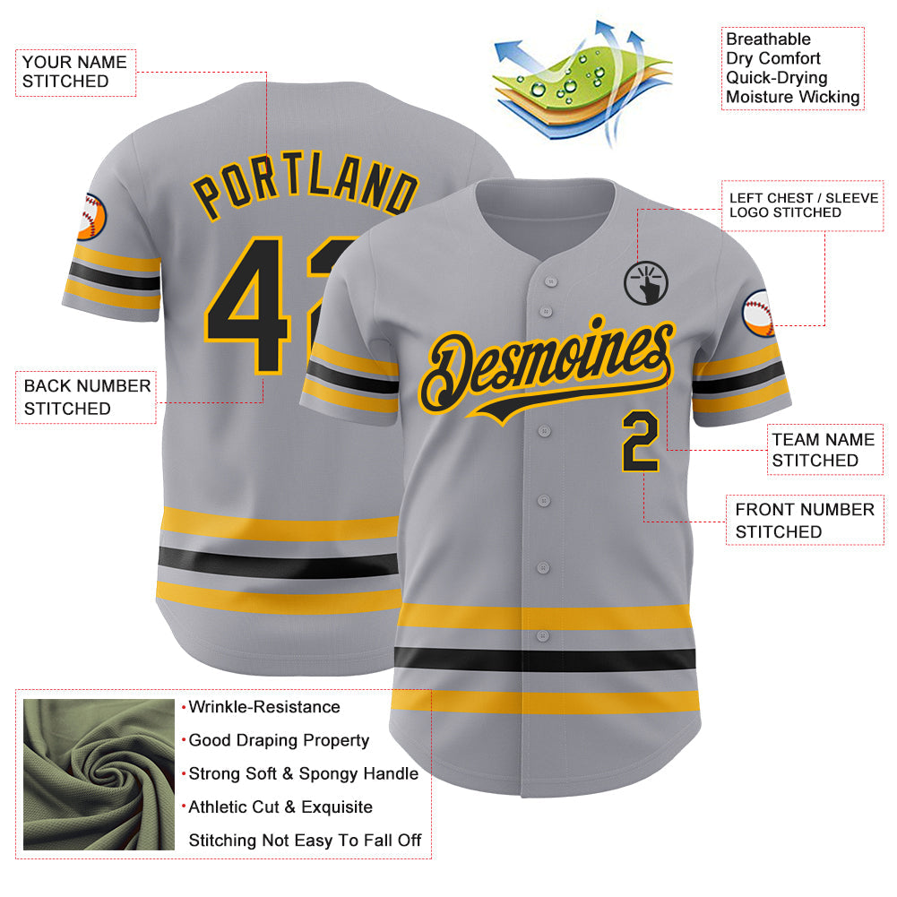 Custom Gray Black-Gold Line Authentic Baseball Jersey view 3