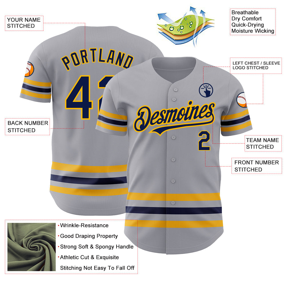 Custom Gray Navy-Gold Line Authentic Baseball Jersey view 3