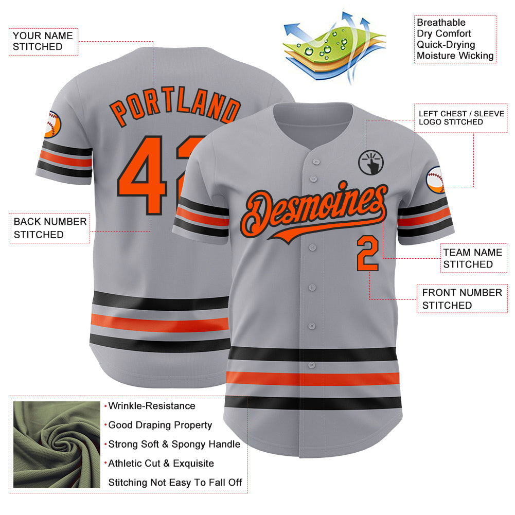 Custom Gray Orange-Black Line Authentic Baseball Jersey view 3