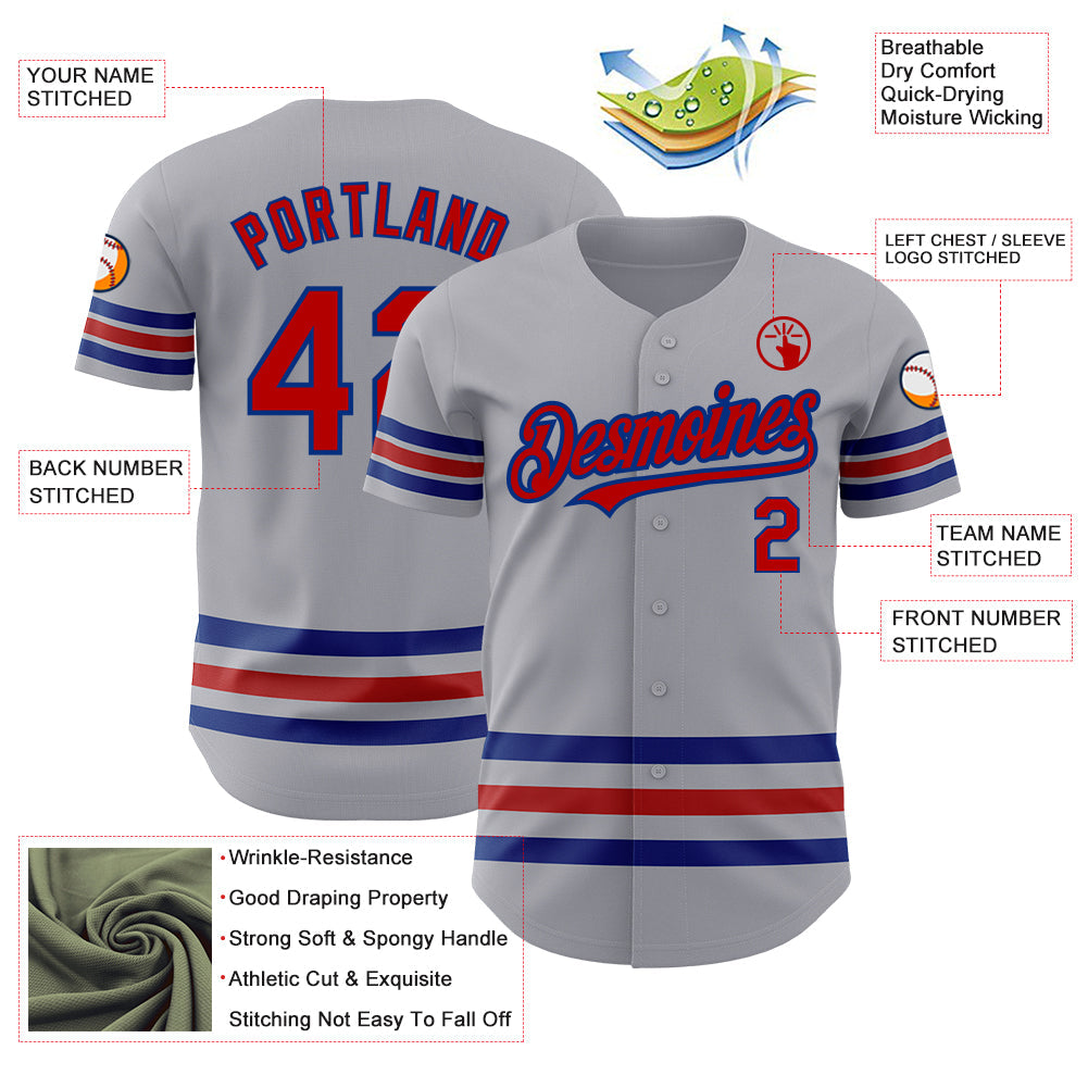 Custom Gray Red-Royal Line Authentic Baseball Jersey view 3