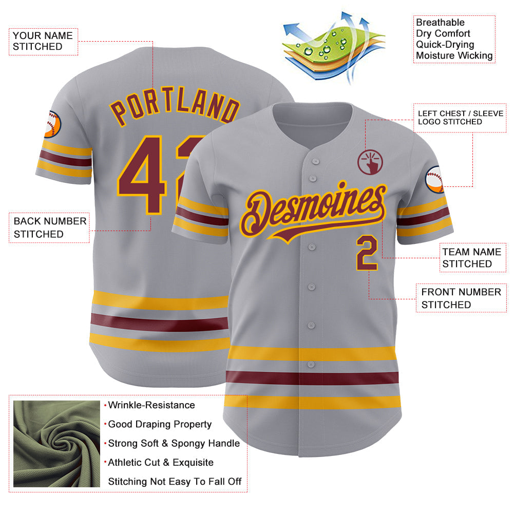 Custom Gray Burgundy-Gold Line Authentic Baseball Jersey view 3