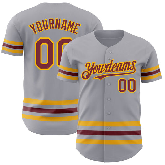 Custom Gray Burgundy-Gold Line Authentic Baseball Jersey - Main View