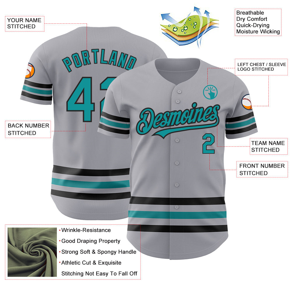 Custom Gray Teal-Black Line Authentic Baseball Jersey view 3