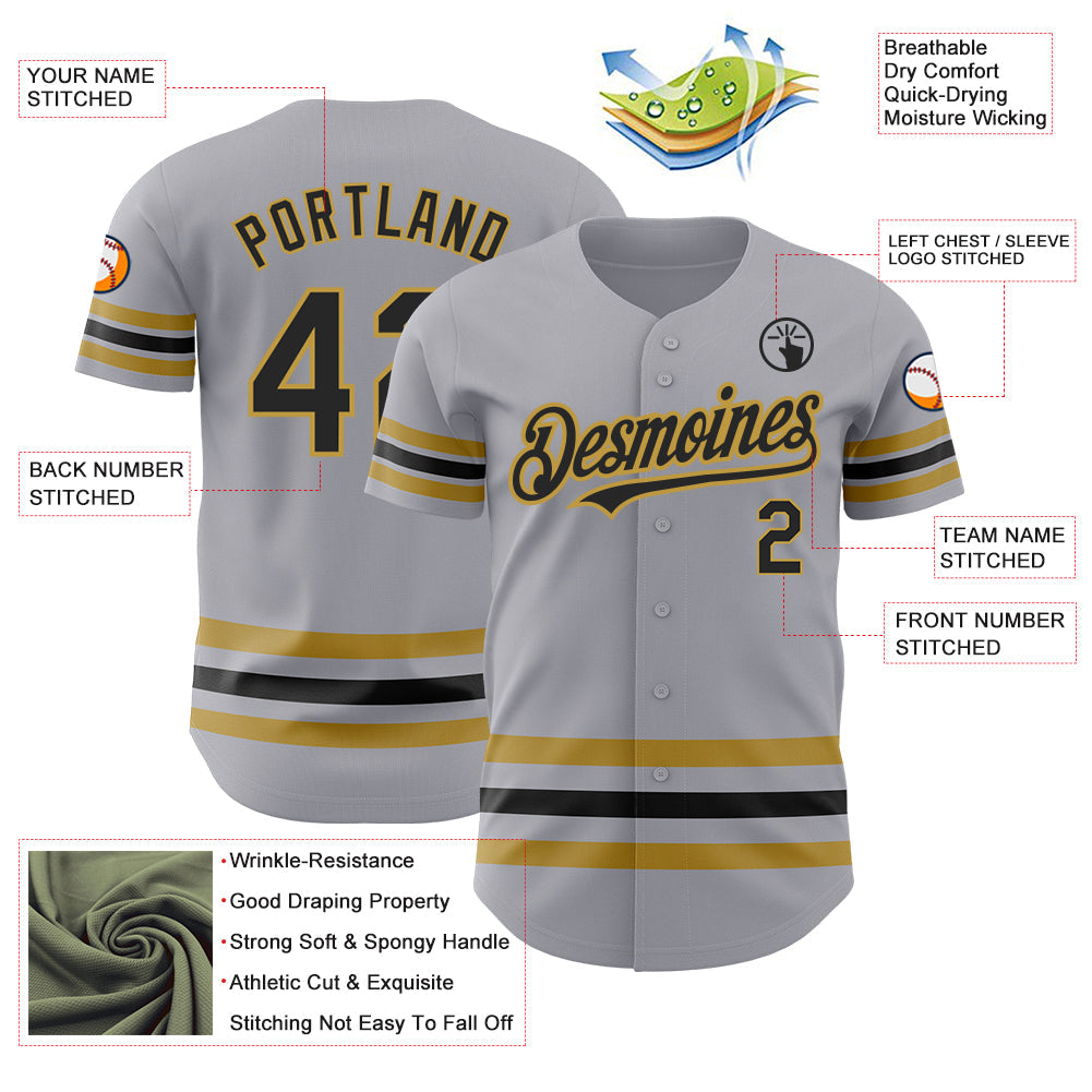 Custom Gray Black-Old Gold Line Authentic Baseball Jersey view 3