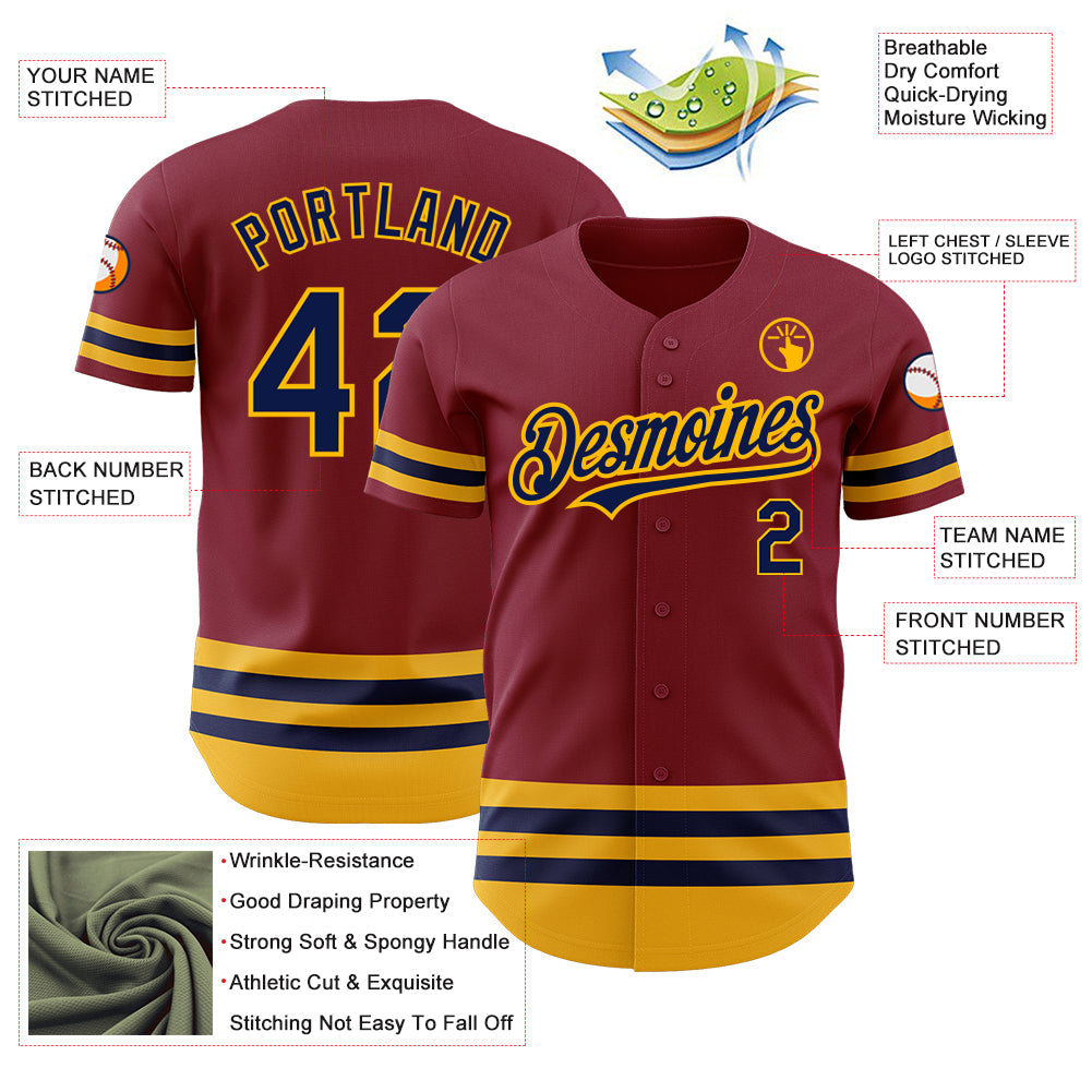 Custom Crimson Navy-Gold Line Authentic Baseball Jersey view 3