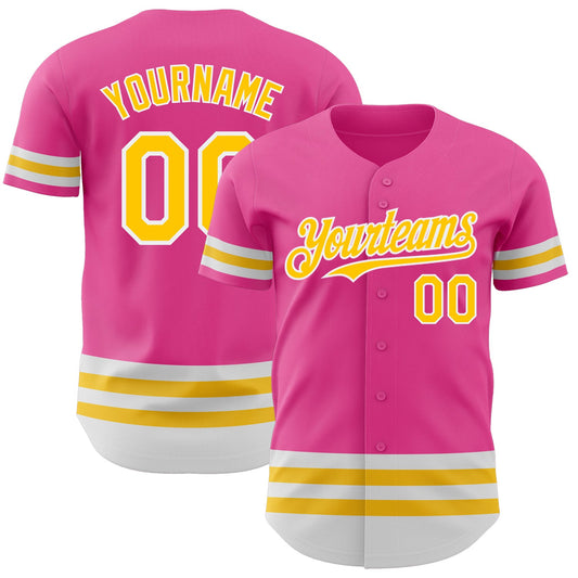 Custom Pink Yellow-White Line Authentic Baseball Jersey - Main View