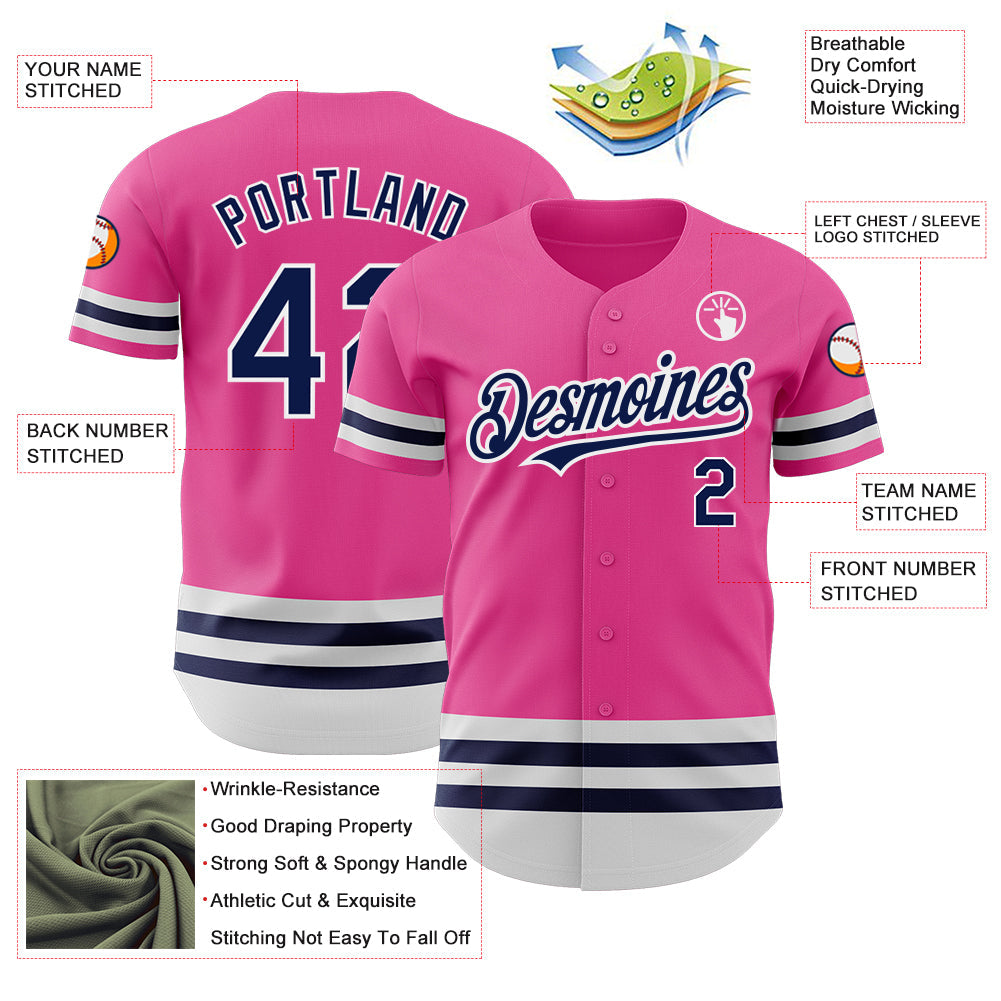 Custom Pink Navy-White Line Authentic Baseball Jersey view 3