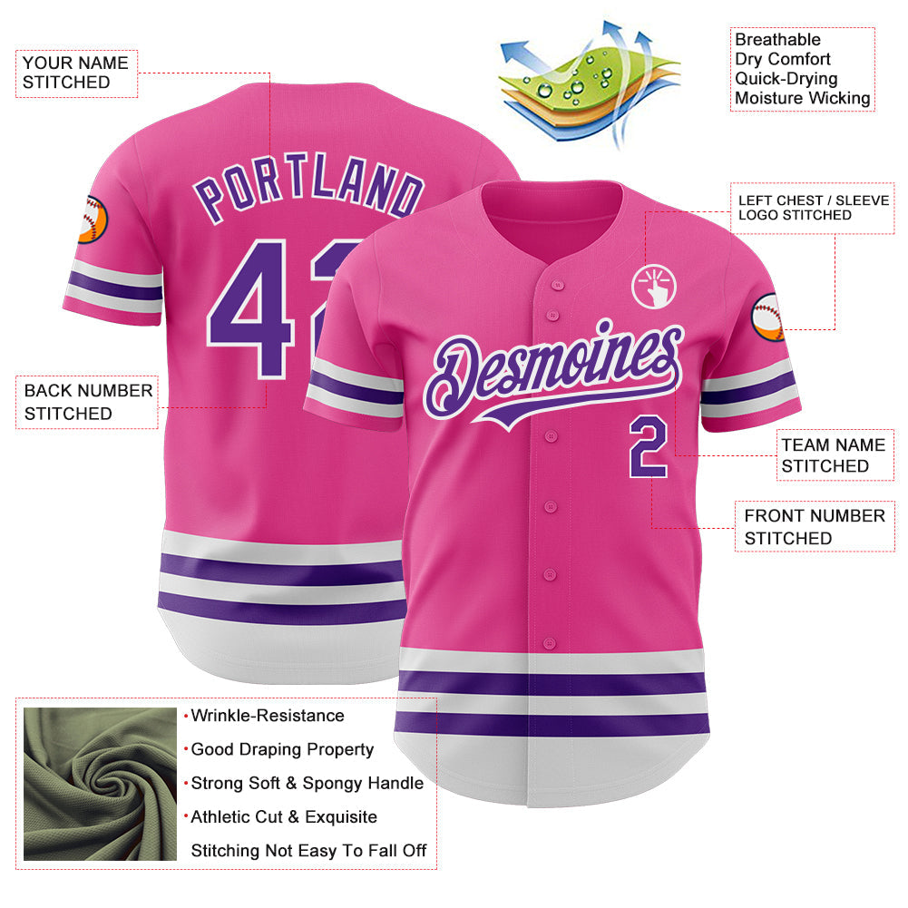 Custom Pink Purple-White Line Authentic Baseball Jersey view 3